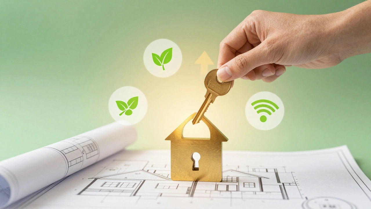 Goldener Schlüssel in hausförmigem Schloss mit Symbolen für Energieeffizienz und Wertsteigerung.