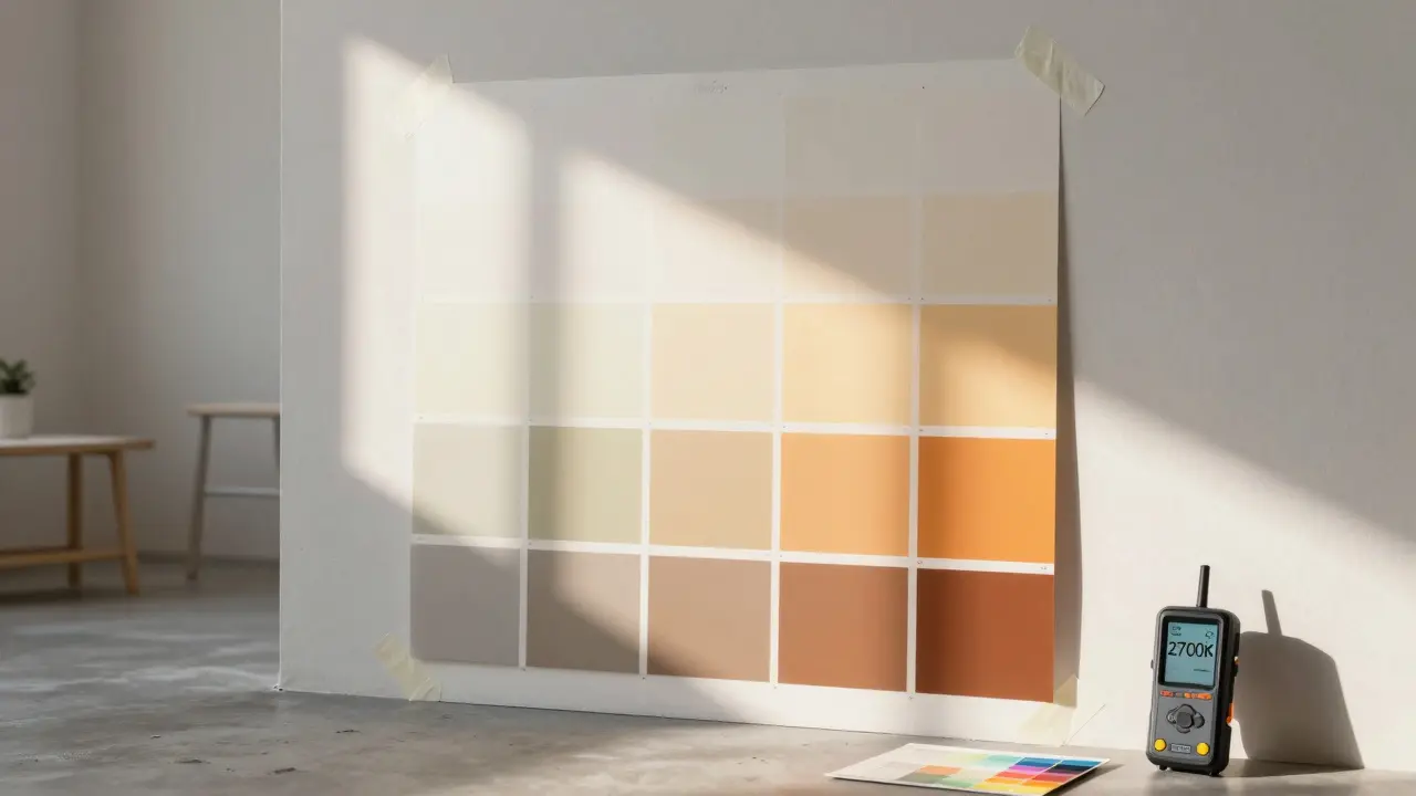 Großes Farbmuster an der Wand mit überlagerten Lichtbedingungen – Sonne, Schatten und warme Lampe.