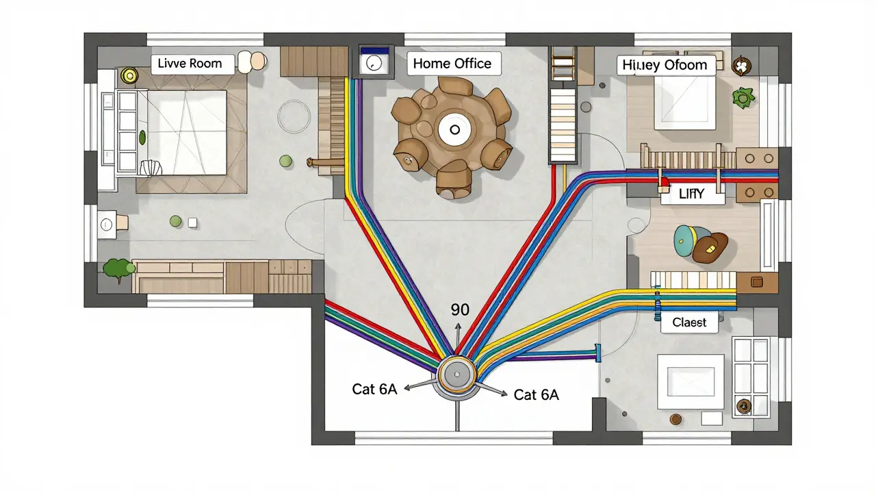 Grundriss eines Hauses mit sternförmig verlegten Netzwerkkabeln zu verschiedenen Räumen.