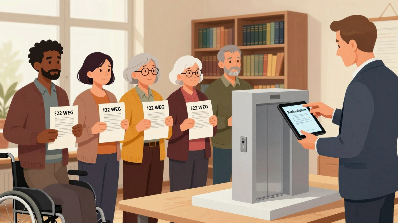 Gruppe von Bewohnern in einer Versammlung, Architekt zeigt 3D-Modell eines Aufzugs, Dokumente mit &#039;§22 WEG&#039; auf dem Tisch.