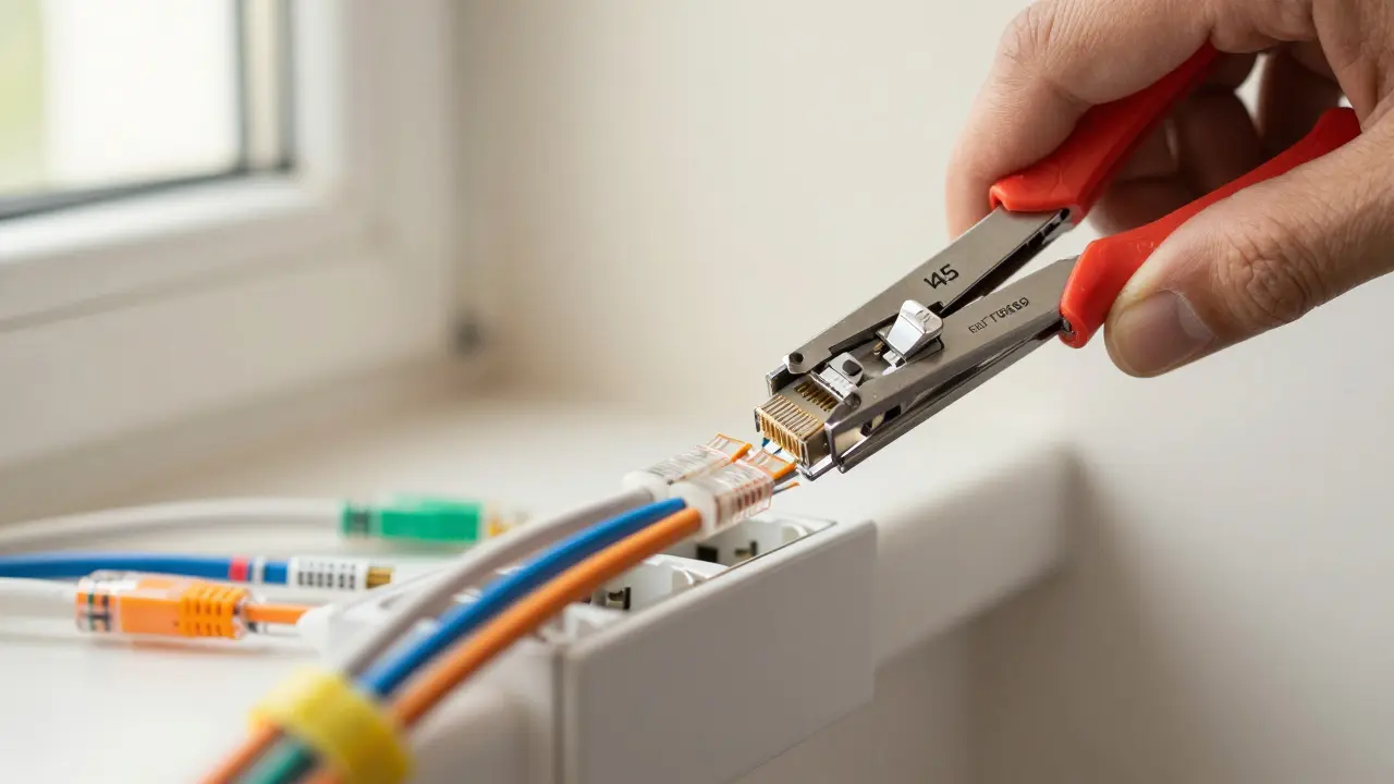 Hand mit Crimpwerkzeug, das ein Netzwerkkabel in eine Dose einpresst, Farbfolge sichtbar.