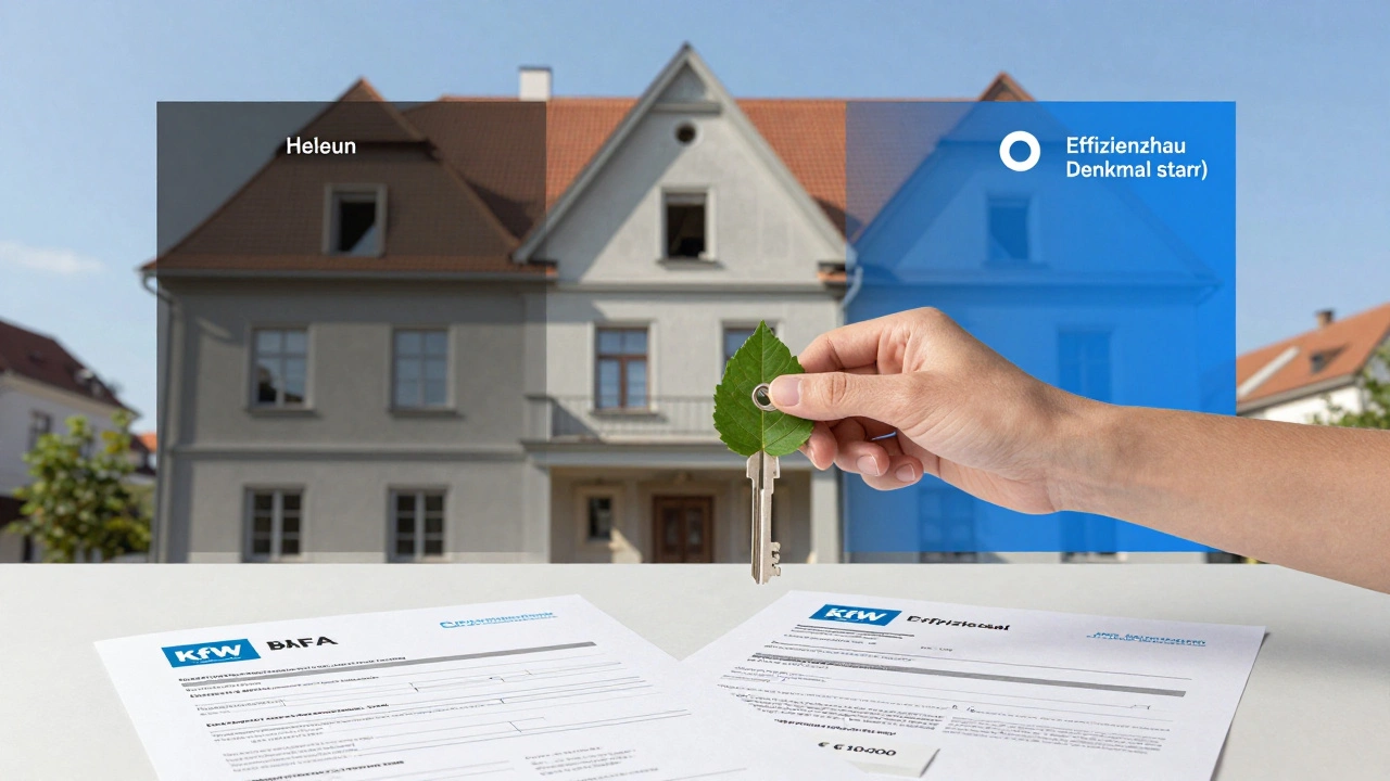 Hausbesitzer hält einen grünen Schlüssel vor einem renovierten Denkmalhaus, transparente Energieverbesserung im Hintergrund.