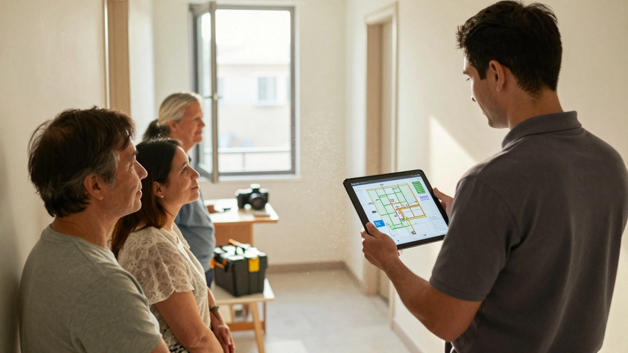 Hausverwalter erklärt Mieterinnen die digitale Rohrinspektion in einem Mehrfamilienhaus.