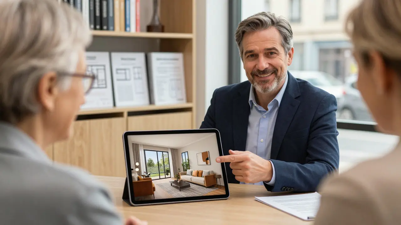 Immobilienmakler zeigt älterem Klienten AR-Visualisierung einer Wohnung auf Tablet.