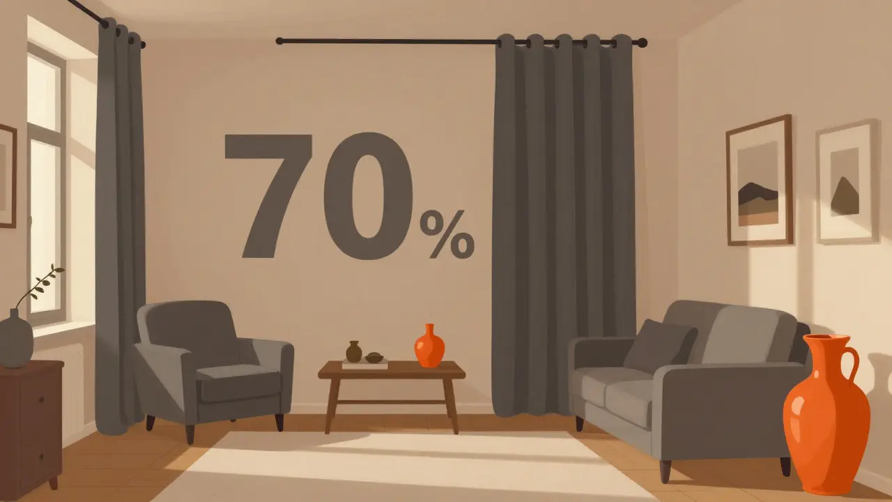 Innenaufnahme eines Raums mit 70-25-5-Farbverteilung: Beige, Grau und Orangenakzente bei unterschiedlichen Lichtverhältnissen.