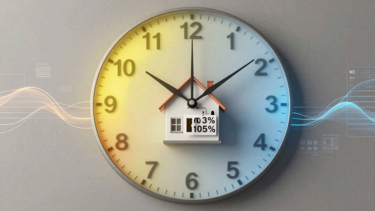 Jahreszeiten-Uhr mit preisanpassendem Haus und Datenströmen, symbolisiert optimales Verkaufstiming.