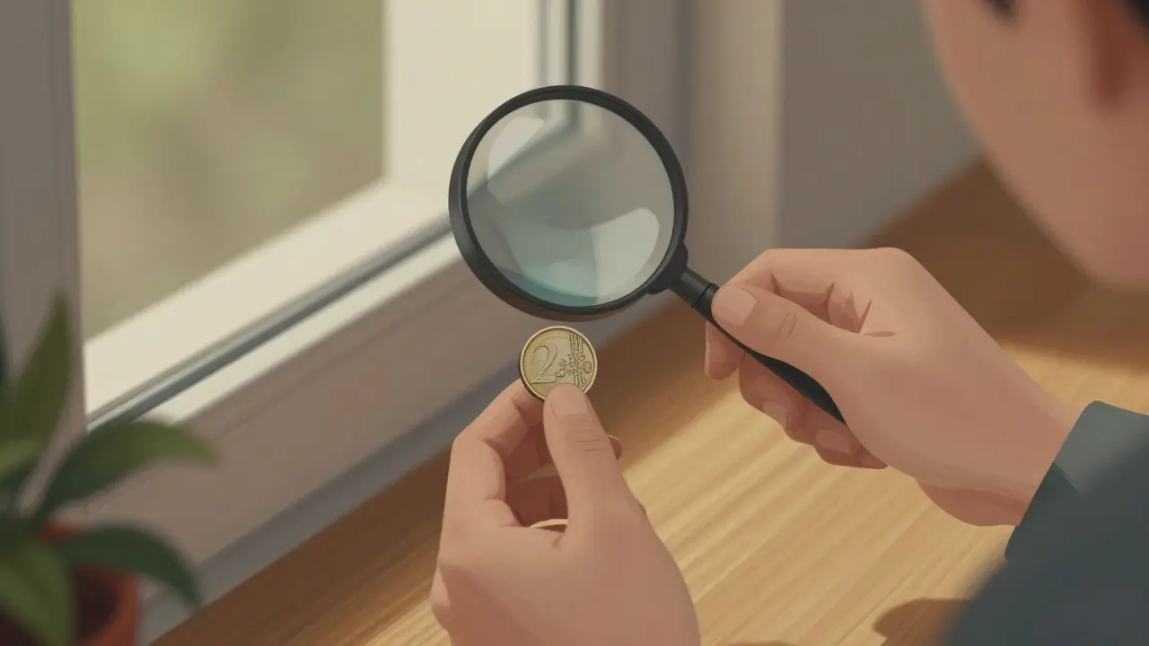 Münze wird zwischen Fensterflügel und Rahmen getestet, um Dichtungsdichtigkeit zu prüfen.