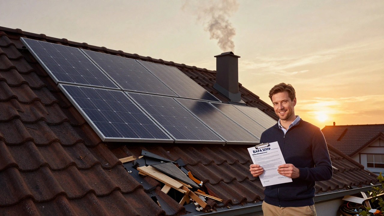 Neu saniertes Dach mit Solaranlage bei Sonnenuntergang, Hausbesitzer mit Förderbescheid.