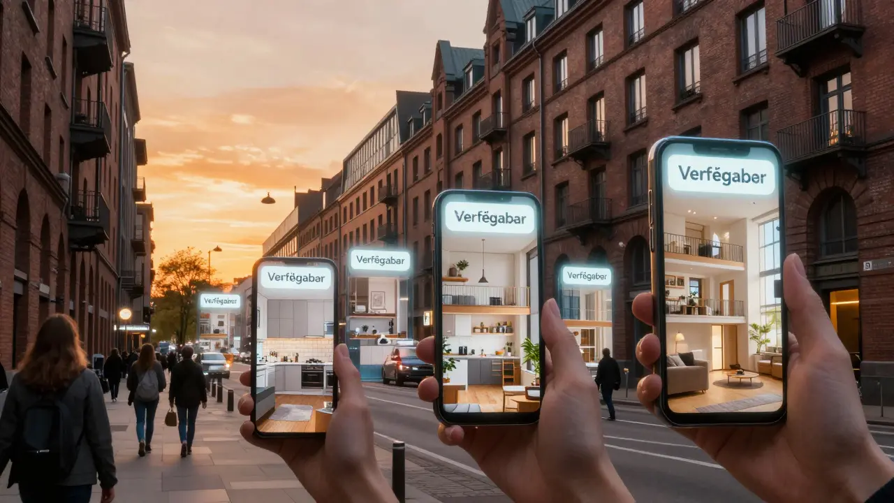 Passanten in Stadt scannen Häuser mit Smartphone und sehen virtuelle Innenansichten.