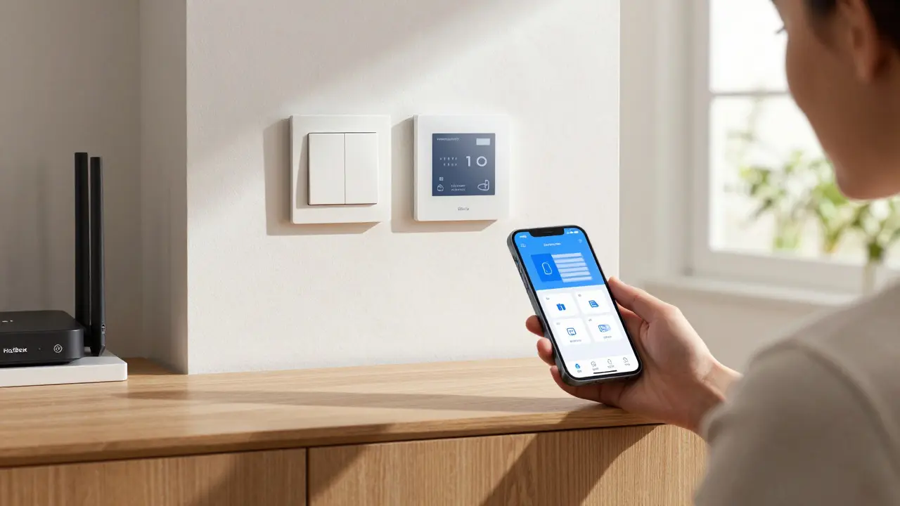 Person bedient Smart Home über Smartphone in einem hellen Wohnzimmer mit thermostaten und Lichtschaltern.
