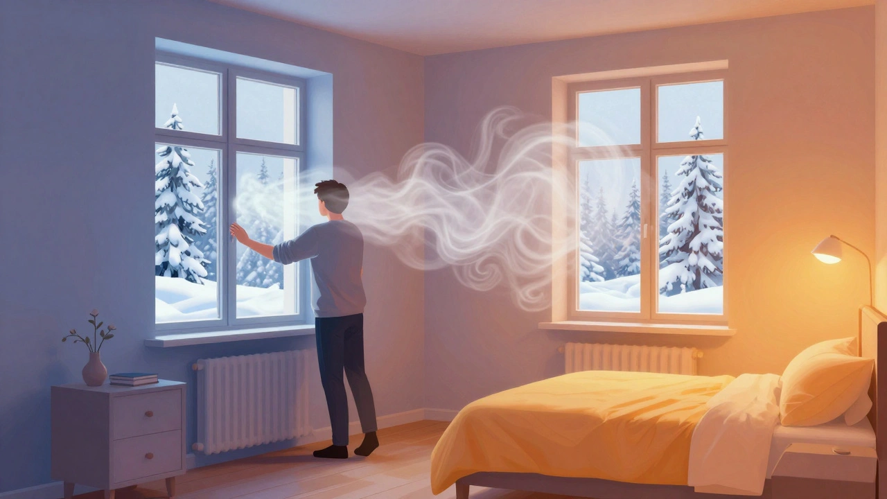 Person öffnet zwei Fenster vollständig, kalte Luft strömt herein, warme, feuchte Luft entweicht — kein Schimmel, minimalistisches Interieur.