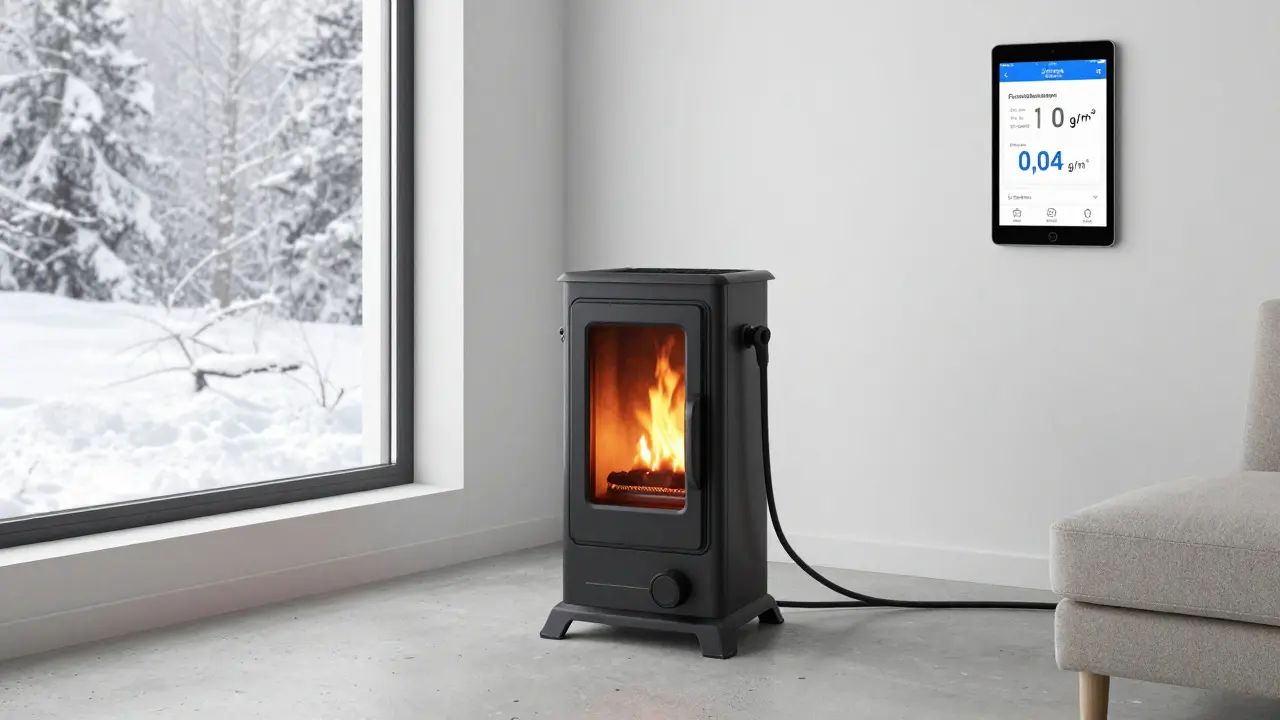 Raumluftunabhängiger Kaminofen in Passivhaus mit externem Luftkanal und Echtzeit-Emissionsanzeige.