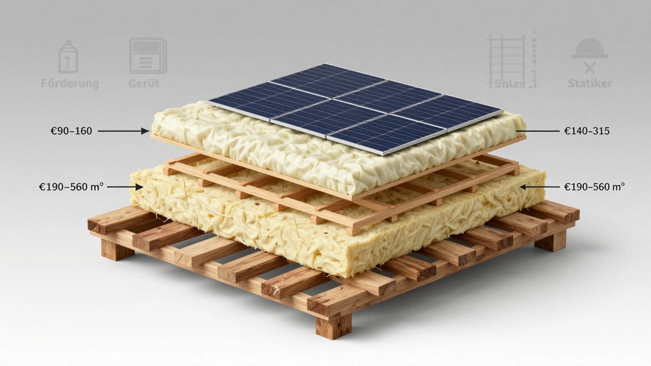 Schnittansicht eines Daches mit drei Sanierungsvarianten und dazugehörigen Kostenbereichen.