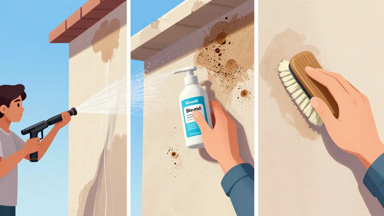 Schrittweise Reinigung einer Fassade: sanftes Besprühen, Auftragen mit Bürste und sanftes Abreiben – ohne Hochdruckreiniger.