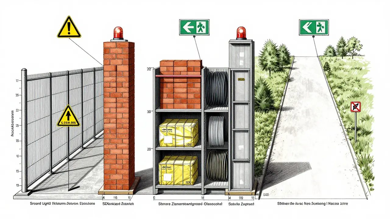 Technische Darstellung der drei Säulen der Baustelleneinrichtung: Schutz, Lager und Wege in klarer Aufteilung.