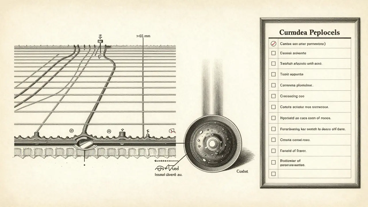 Technische Zeichnung eines Estrichquerschnitts mit CM-Messung und Protokollpflichten.
