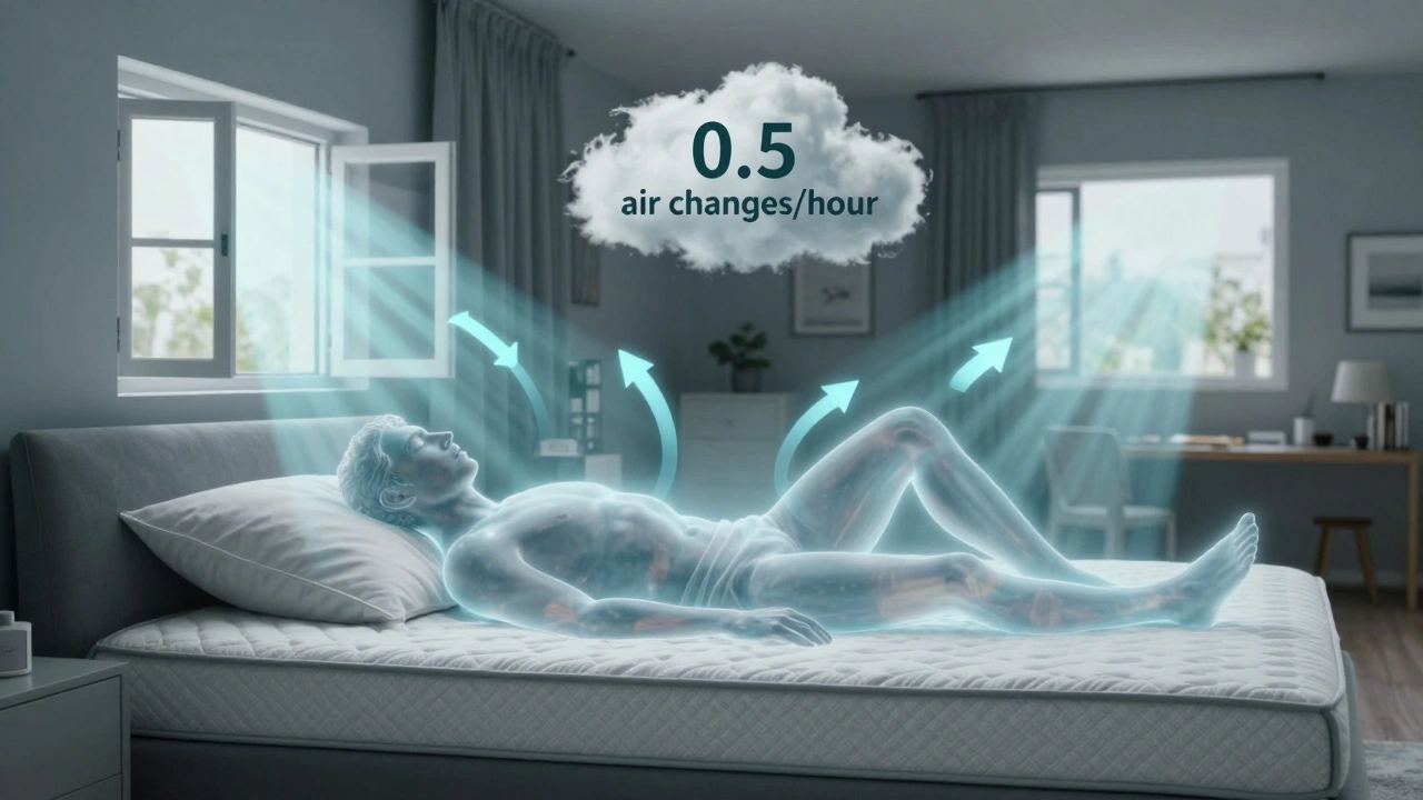 Transparenz-Silhouette im Bett mit Luftzirkulation und Feuchtigkeitsabfuhr, symbolisch für optimales Schlafklima mit 0,5 Luftwechsel pro Stunde.