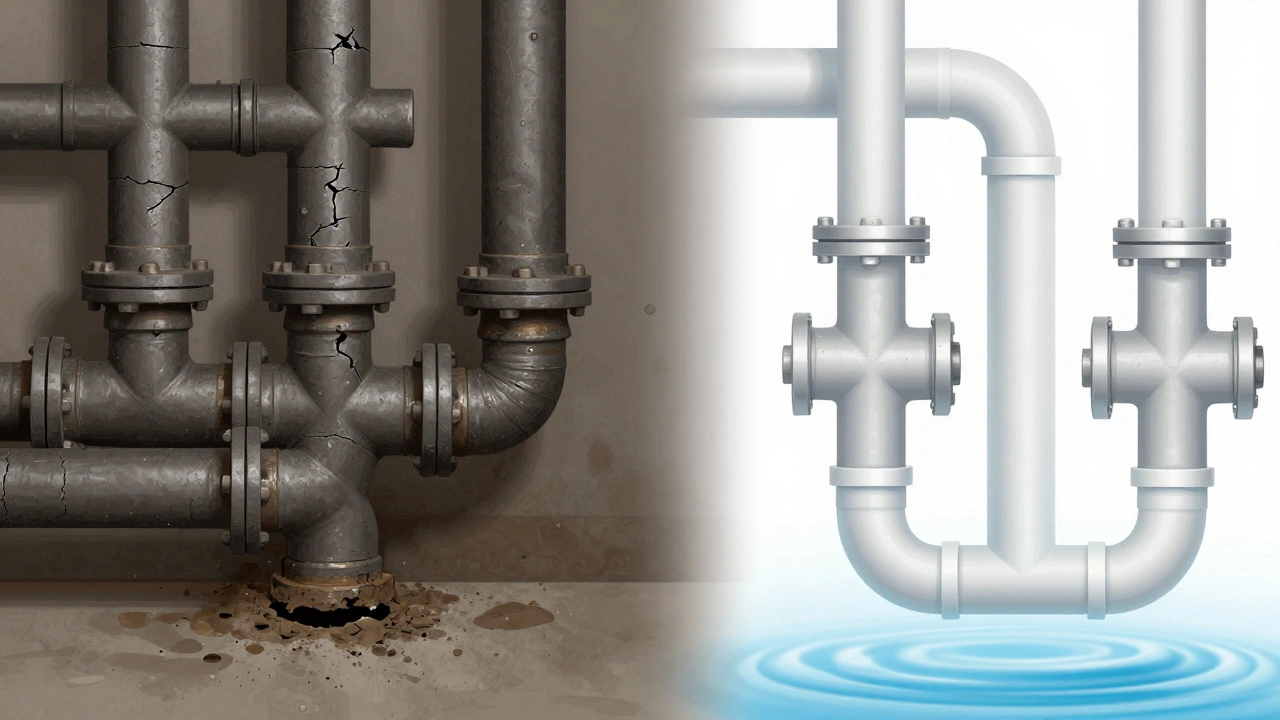 Vergleich alter korrodierten Rohre mit modernen, isolierten Kunststoffleitungen.