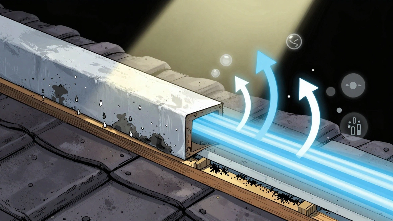 Vergleich einer fehlerhaften Dampfsperre mit Schimmel und einer intelligenten Dampfbremse, die Feuchtigkeit je nach Jahreszeit steuert.