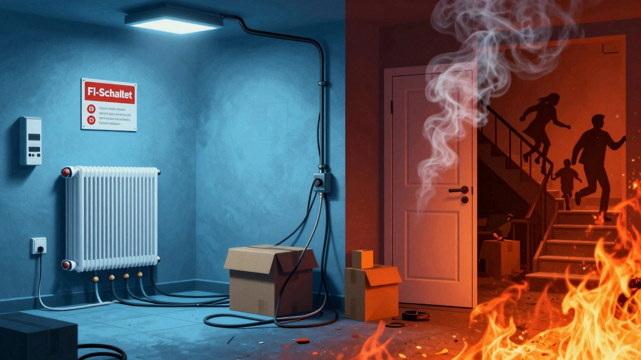 Vergleich: Sicherer Heizraum links, gefährliche Situation mit Kabeln und Brandgefahr rechts.