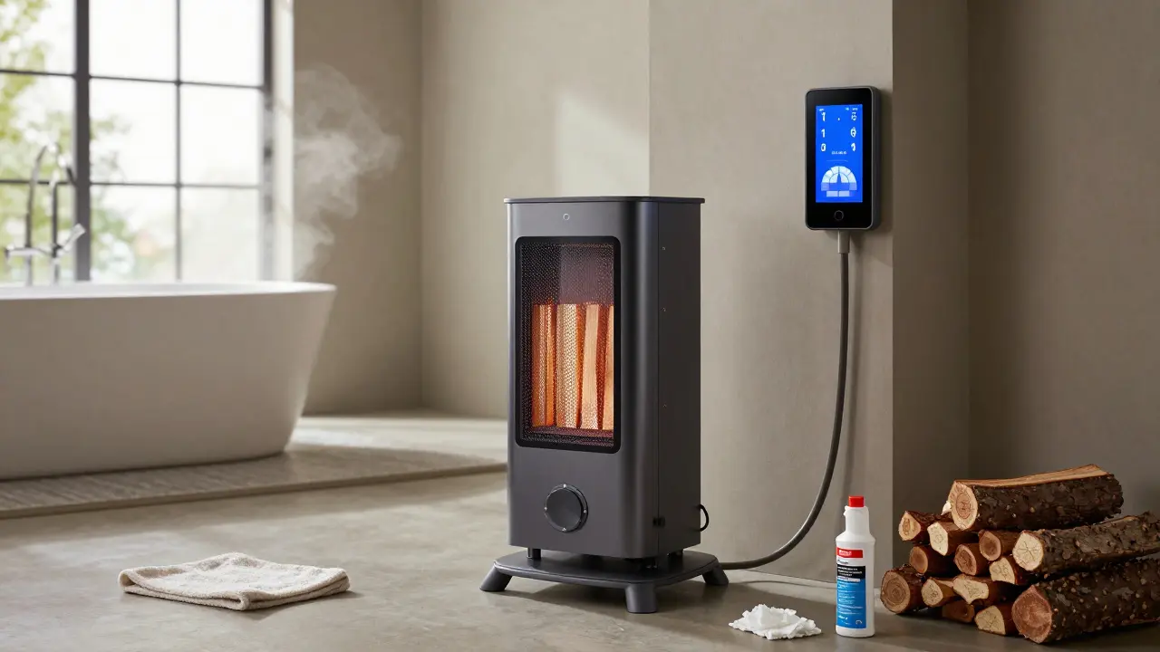 Wasserführender Kaminofen mit digitalem Display und unsichtbaren Heizleitungen, der das Bad erwärmt.