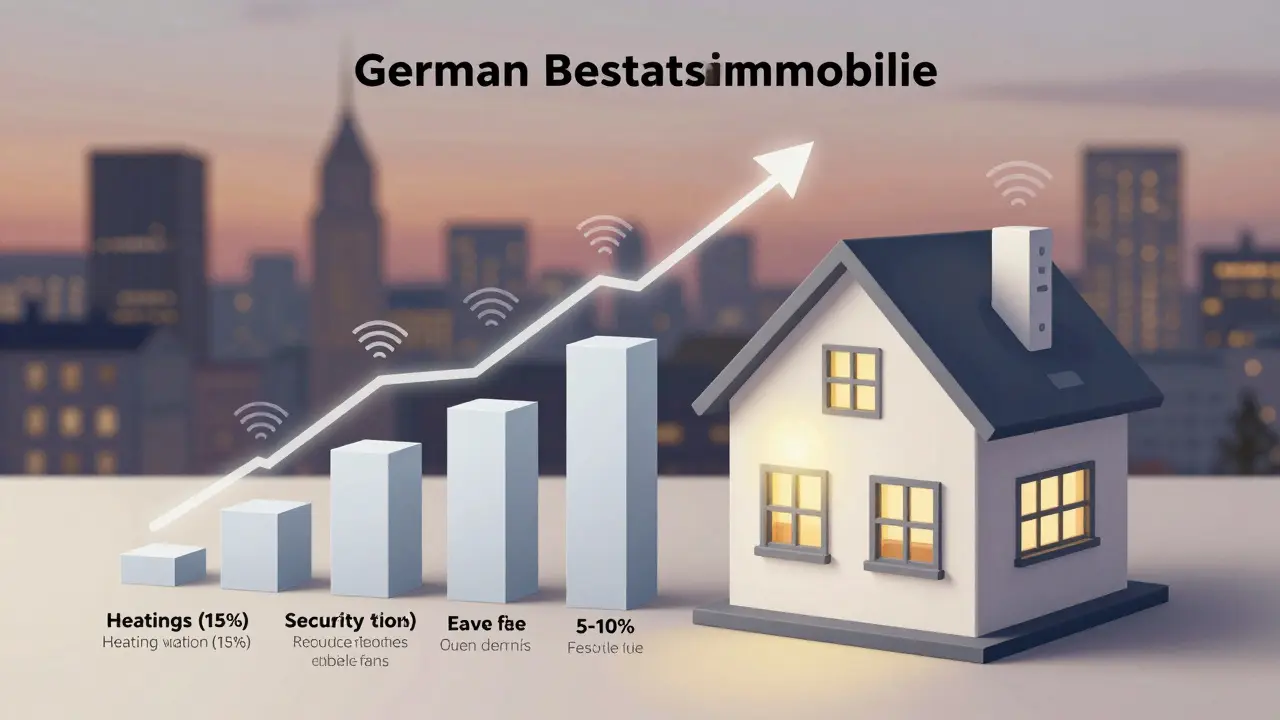 Wertsteigerung einer Immobilie durch fünf Smart Home-Funktionen, dargestellt als Diagramm neben einem deutschen Haus.
