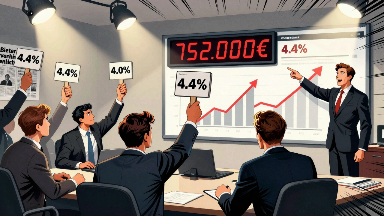 Wettbewerbsfähige Bieter in einer Immobilienagentur, digitale Anzeige zeigt hohen Verkaufspreis.