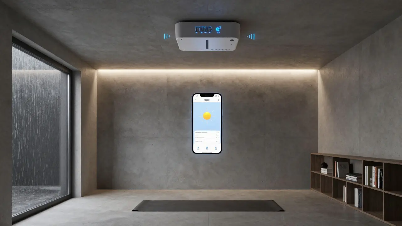 Zukunftsfähiger Keller als Wohnraum mit kabellosem Lüftungssystem und Wetter-App-Integration.