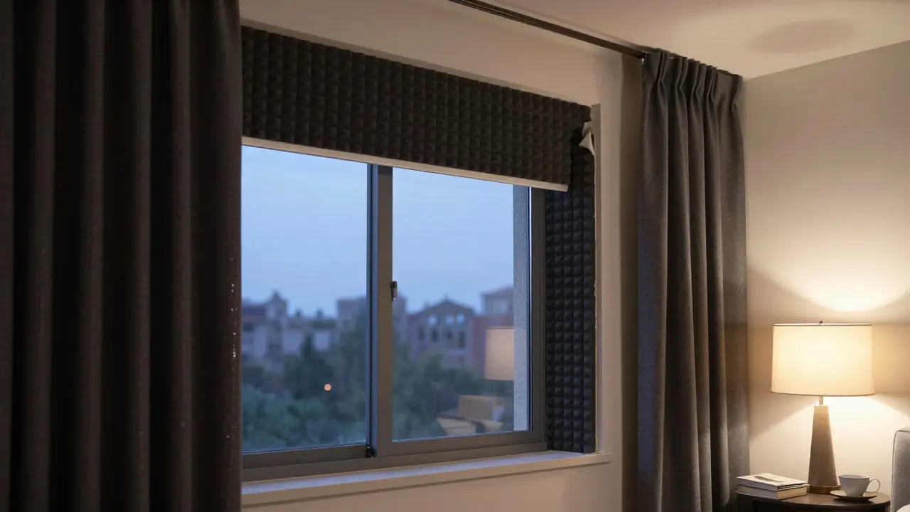 Akustische Dämmung im Rollladenkasten und dichte Fugen an einem Fenster in einem Wohnzimmer.