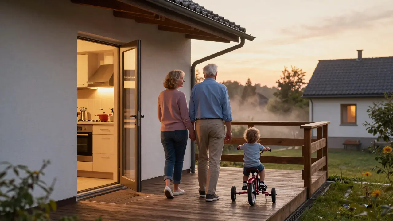 Älteres Paar und Kind auf der Terrasse, ohne Schwelle zwischen Innen- und Außenbereich.