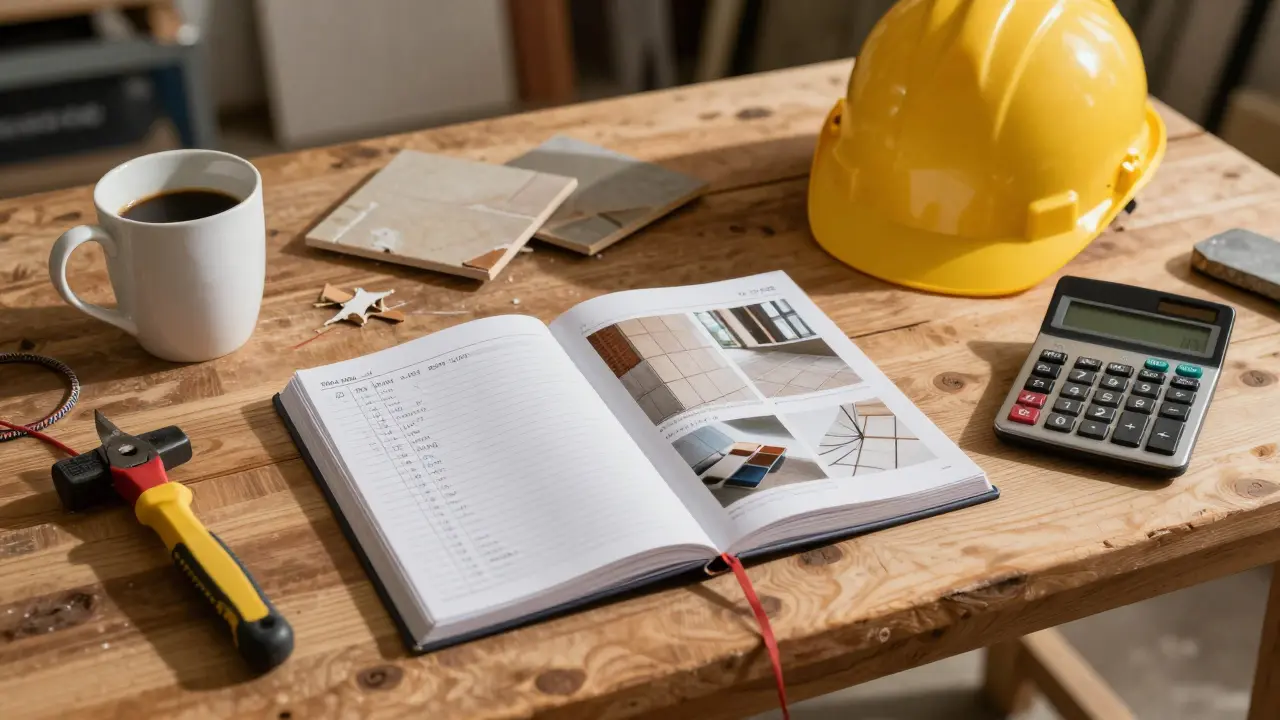 Aufgeklapptes Bautagebuch mit handschriftlichen Zeiteinträgen, Fotos und Werkzeugen auf einem Werkstatttisch.