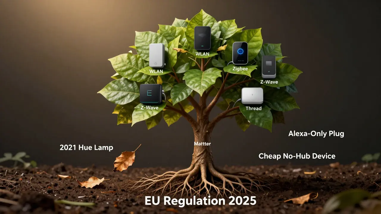 Baum mit Smart-Home-Protokollen als Blätter, Matter-Stamm mit Wurzeln in EU-Regelung, drei verwelkte Blätter fallen ab.