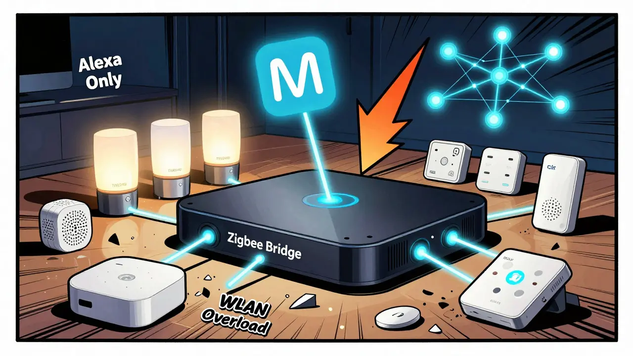 Comic-Stil: Zigbee-Hub verbindet stabile Geräte, zerbrochene Alexa- und WLAN-Geräte liegen am Boden, Matter-Logo leuchtet oben.