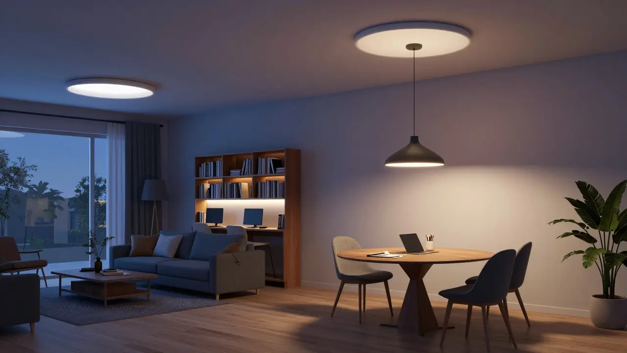 Dreilagiges Licht in einem offenen Wohnraum: Deckenlicht, Pendelleuchte über dem Tisch und LED-Strip hinter einem Bücherregal definieren Zonen ohne Wände.