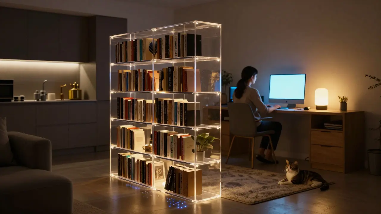 Durchsichtiges Regal teilt Wohnzimmer und Arbeitsbereich, ein intelligenter Teppich mit Sensoren liegt darunter, Licht verändert sich je nach Nutzung.