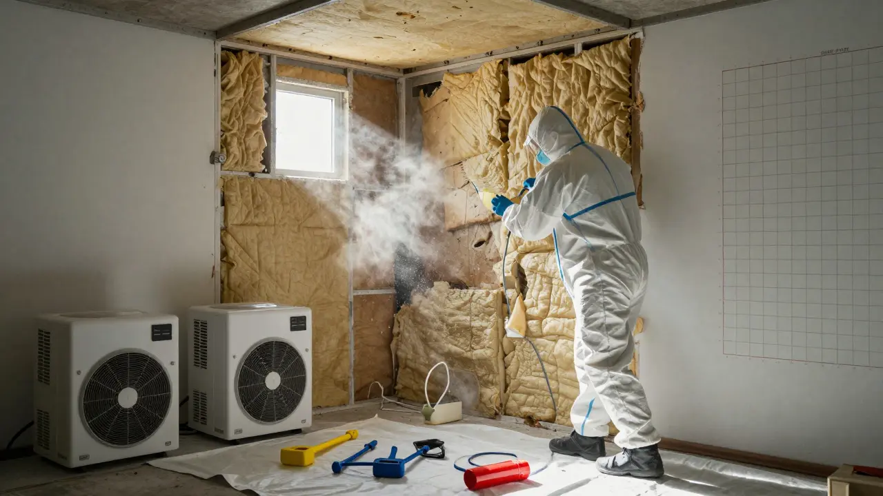 Fachmann entfernt feuchte Dämmung aus einer Wand mit Schutzkleidung und HEPA-Filtergeräten.