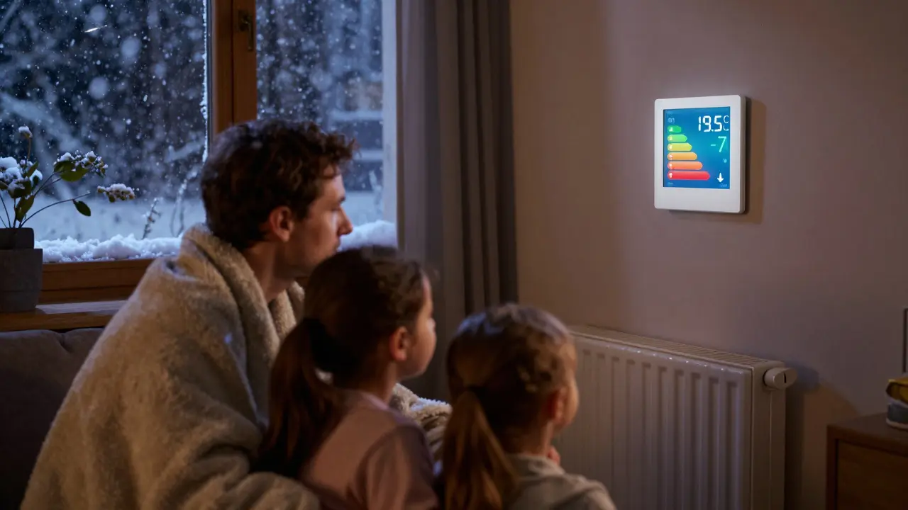 Gemütliches Wohnzimmer bei Nacht mit optimierter Heizung und fallendem Schnee