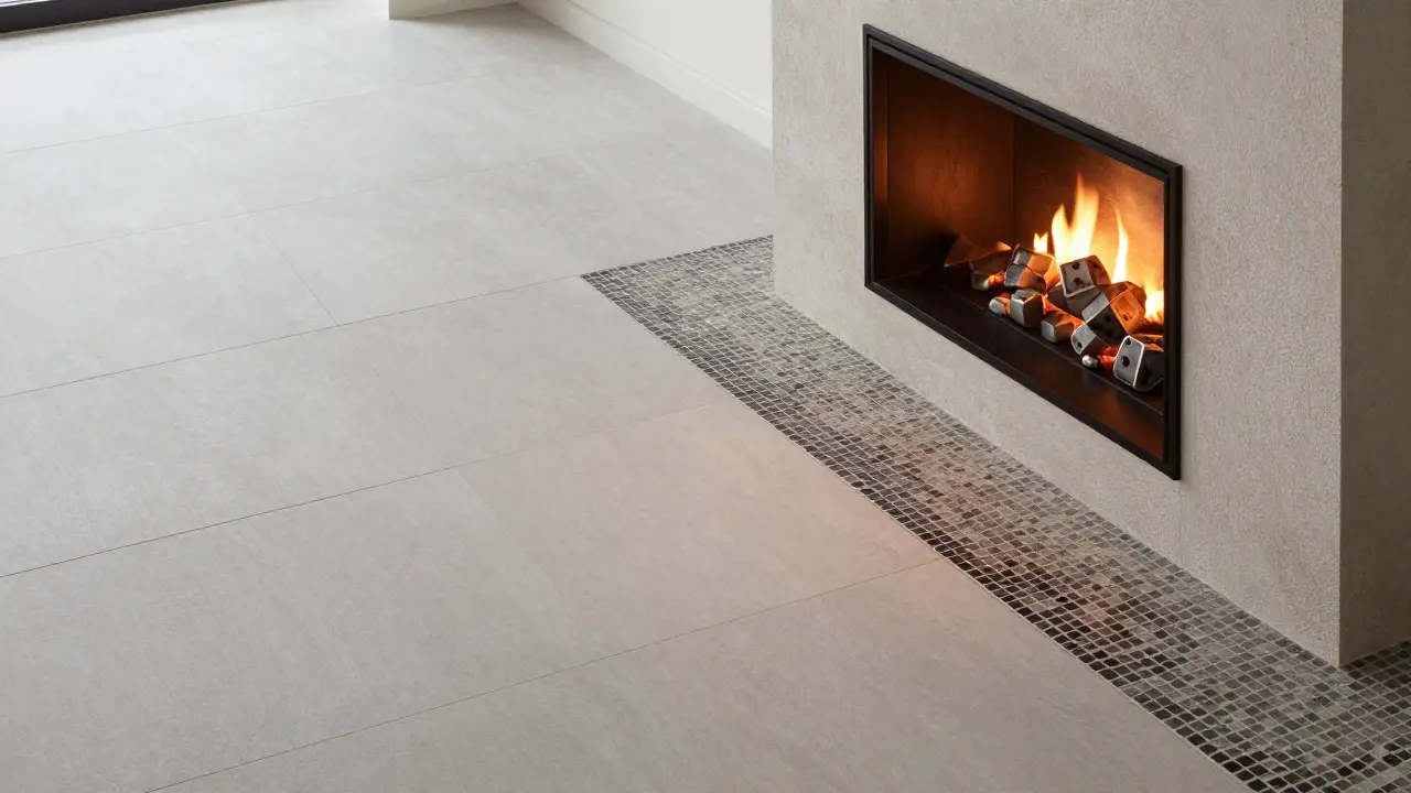 Hybrider Boden: Großformatfliesen mit Mosaik-Akzent um den Kamin, weiches Licht.