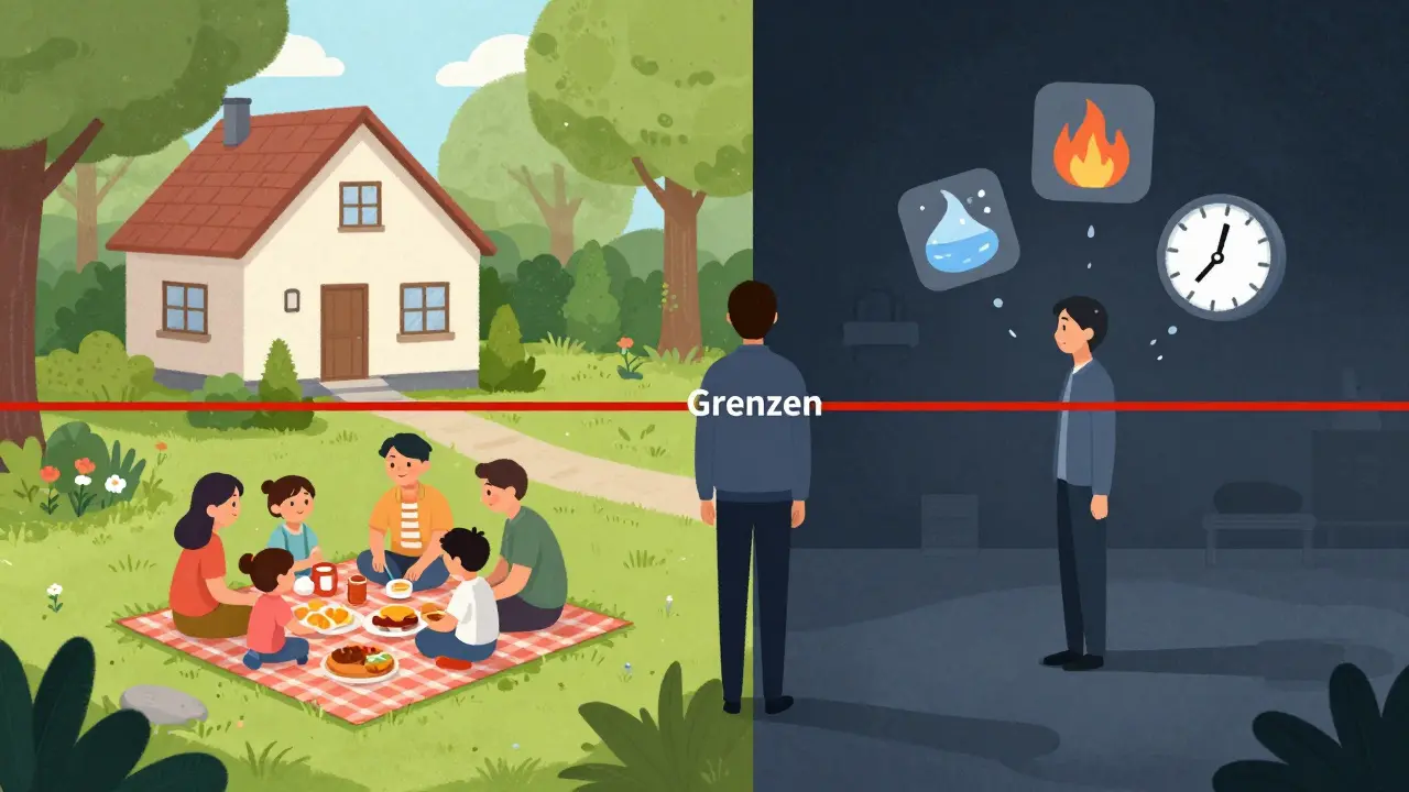Konzeptuelles Bild: Zwei Seiten eines Lebens – Familie und Ruhe links, Isolation und Gefahr rechts, getrennt durch eine rote Grenzlinie.