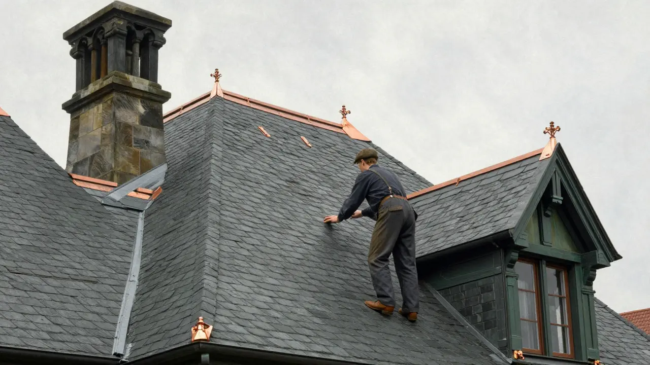 Meister legt Naturschiefer mit Kupferklammern an einer Jugendstilvilla in Aachen.