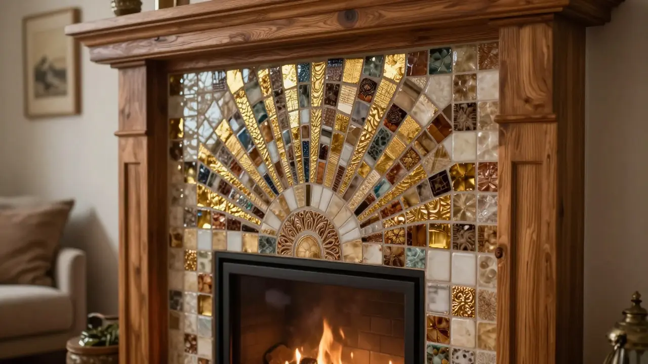 Mosaik-Wandverkleidung hinter einem Kamin mit warmen Holztönen und metallic Akzenten.