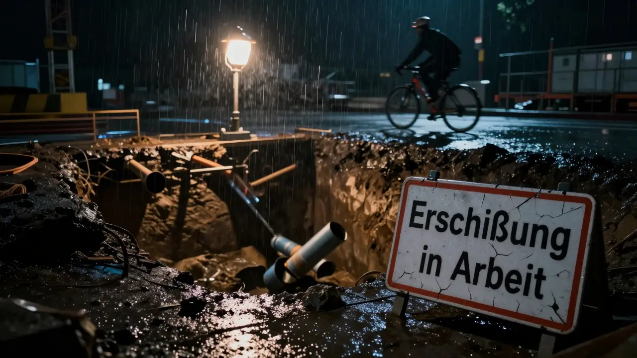 Nächtliche Baustelle im Regen mit ungesicherter Grube und fast stürzendem Radfahrer.