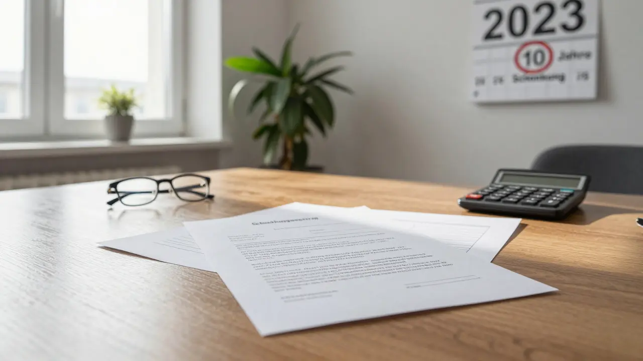 Notarzimmer mit unterschriebenem Schenkungsvertrag, Wertgutachten und Kalender mit '10 Jahre' markiert.