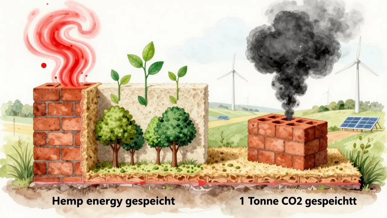 Querschnitt einer Wand mit Kontrast zwischen energieintensiven Ziegelwänden und klimafreundlichen Materialien wie Holzfaser und Lehm, mit CO2-Emissionen und Kohlenstoffspeicherung visualisiert.