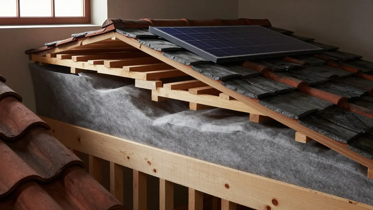 Querschnitt eines denkmalgeschützten Dachs mit unsichtbarer Modernisierung.