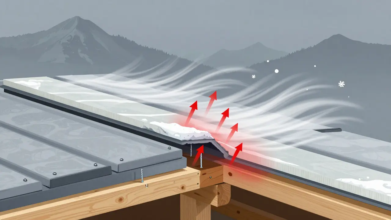 Querschnitt eines gedämmten Daches mit Wind- und Schneelasten, technische Darstellung in Grau-Blautönen.