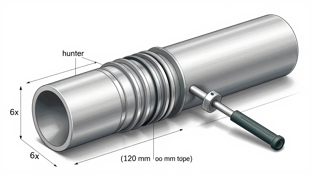 Querschnitt eines Mehrschichtverbundrohrs mit fünf Schichten und angegebenem Biegeradius von 120 mm.