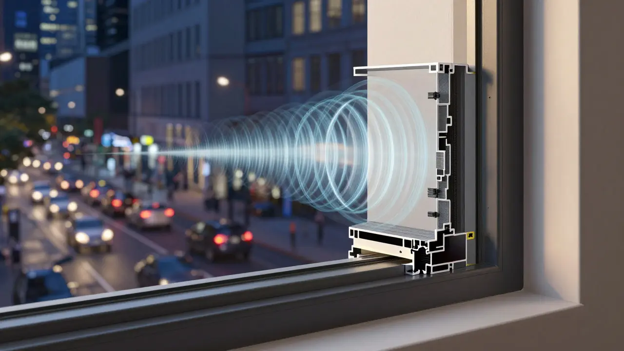 Querschnitt eines Schallschutzfensters mit akustischer PVB-Zwischenschicht, die Schallwellen absorbiert.