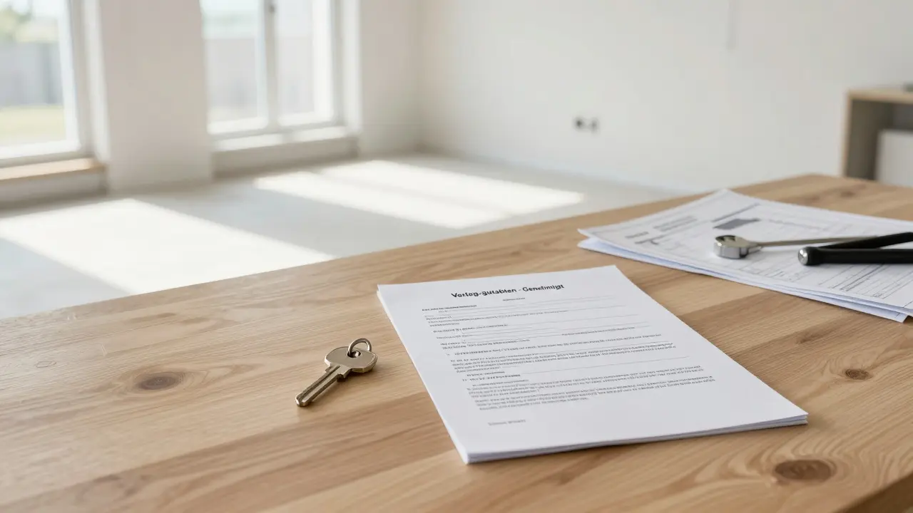 Schlüssel liegt neben genehmigtem Vertragsgutachten im halbfertigen Haus.