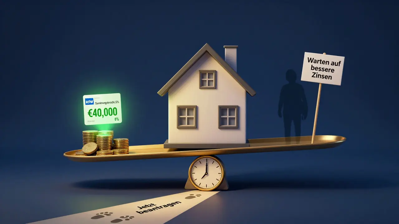 Schwebendes Haus, eine Seite durch Sanierungskredit gesenkt, andere Seite durch KfW-Zuschuss angehoben, Fußspuren führen zu 'Jetzt beantragen'.